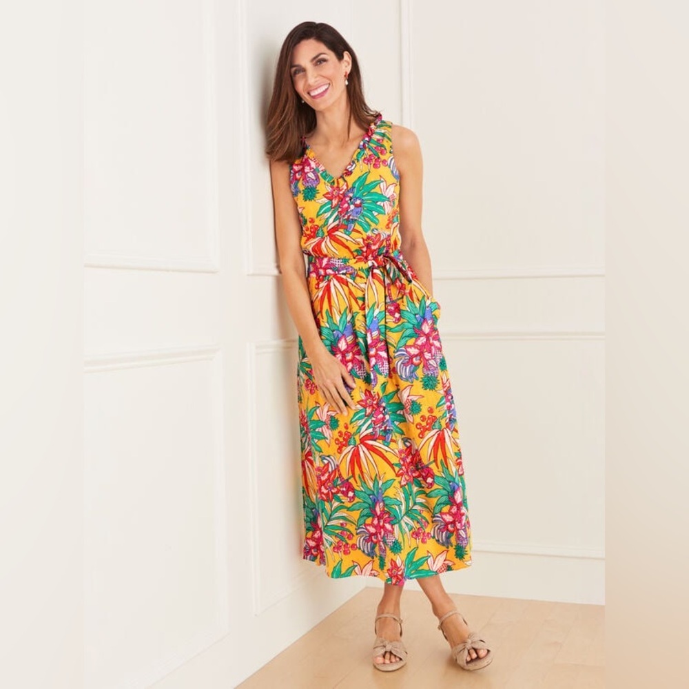 Talbots size 14 Textured Floral SMOCKED BELTED FIT & FLARE MIDI DRESS - Picture 2 of 16